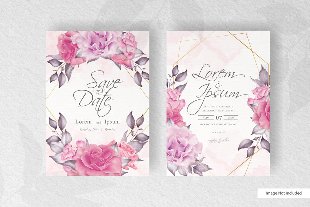 کارت دعوت عروسی زیبا با طرح گل‌ها و پس‌زمینه آبرنگی