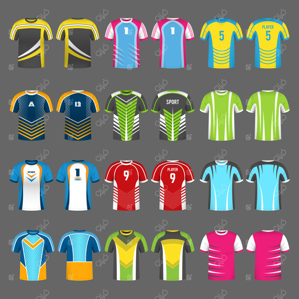 لباس ورزشی تیم‌های ورزشی: الگوهای رنگارنگ وکتور برای شناسه ورزشکاران فعال در فوتبال و بسکتبال