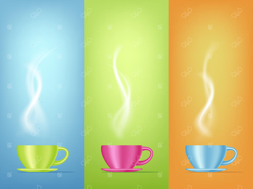 تصویر واقع‌گرایانه فنجان قهوه رنگارنگ با بخار - طراحی سه‌بعدی