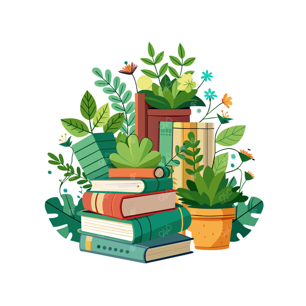 مجموعه‌ای از کتاب‌ها با گلدان و گیاه روی آن‌ها