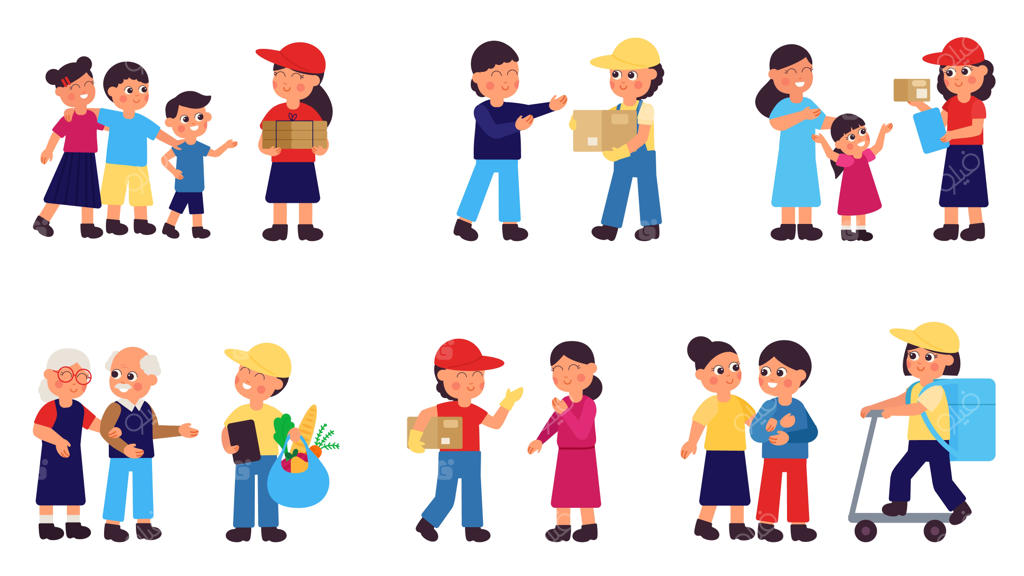 ایده تجاری برای کمک به افراد مسن در فروشگاه های مواد غذایی: پیک همراه با بسته و کیسه های مواد غذایی، خدمت شایسته به عموم مردم مجموعه وکتور