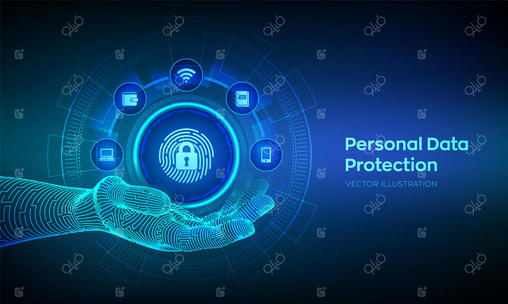 مفهوم حفاظت از داده‌های شخصی در دنیای مجازی: امنیت سایبری با قفل و اثر انگشت در دست رباتیک - ایمنی و حفاظت خصوصی. (تصویر برداری)