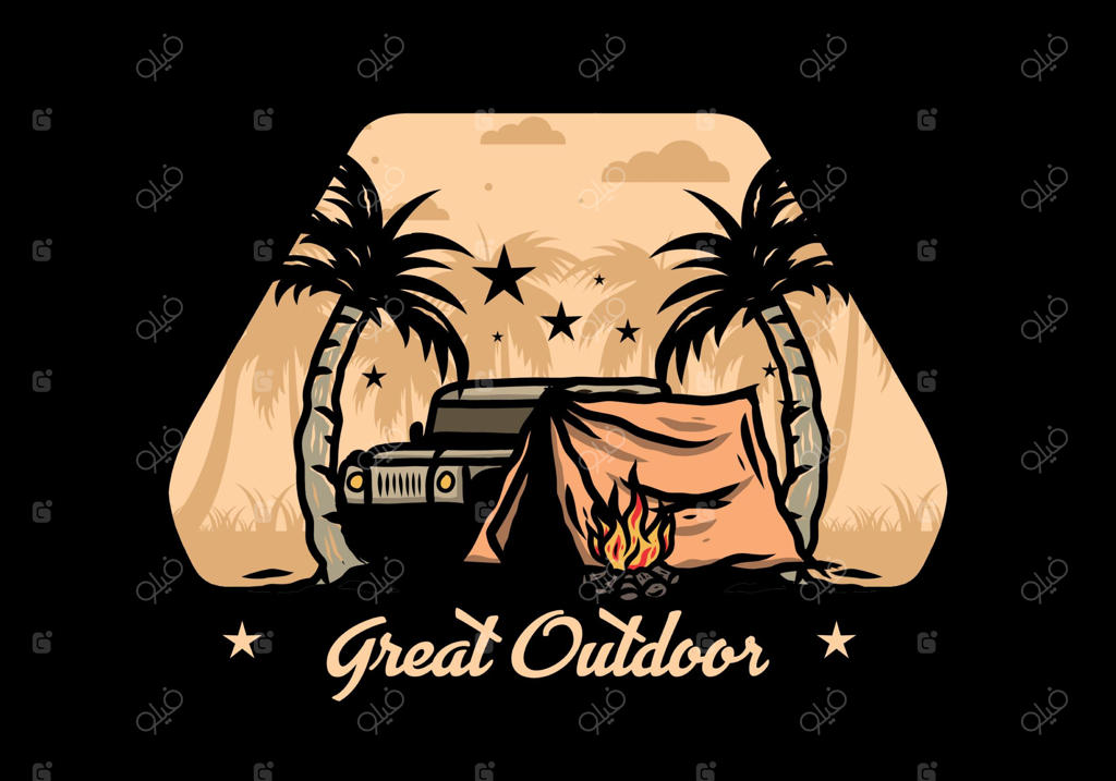 تصویر چادر کمپ در مقابل ماشین بین درختان نارگیل