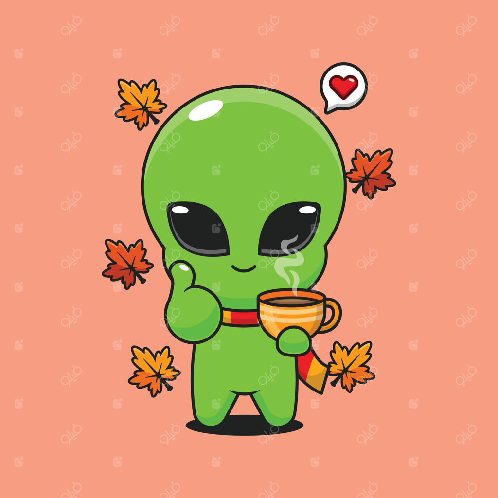 تصویر کارتونی از یک موجود فضایی بامزه با فنجان قهوه در روز پاییزی