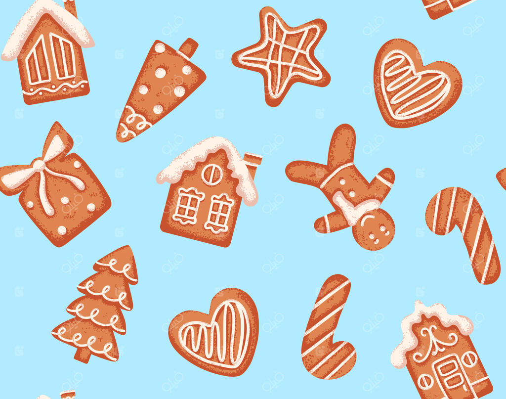 طرح بی‌وقفه از خانه زنجبیلی کریسمس، قلب و ستاره روی زمینه آبی