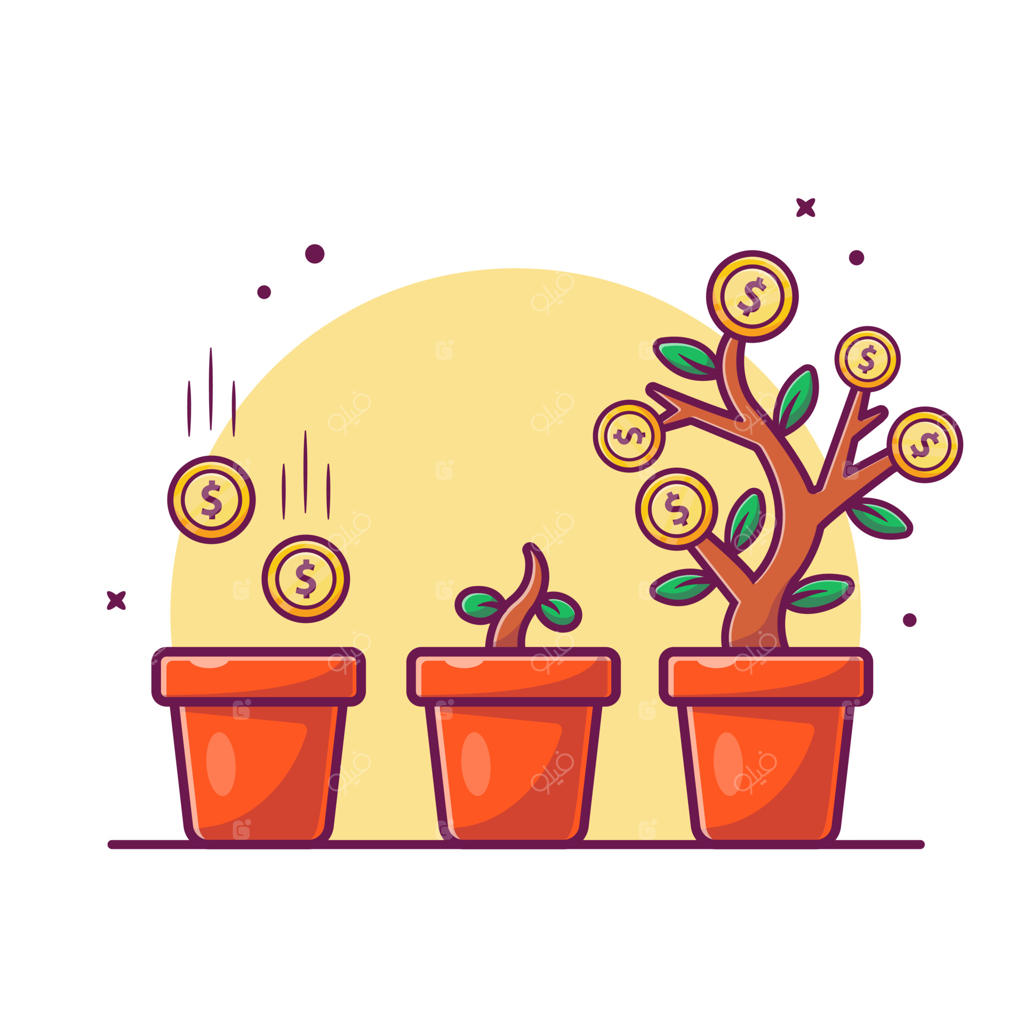 تصویرسازی وکتور کارتونی گیاه پول و سکه طلا با مفهوم سرمایه‌گذاری؛ آیکون مالی ایزوله و پریمیوم با سبک فلت