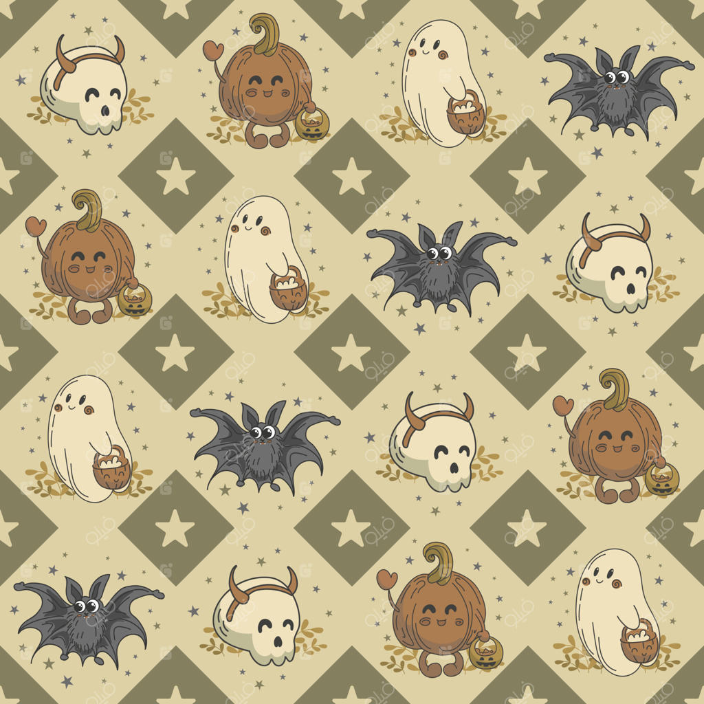 پترن یکپارچه شخصیت‌های بامزه هالووین: ارواح دوست‌داشتنی، اسکلت‌ها، کدو تنبل‌ها و خفاش‌ها در حال آواز خواندن. شیرینی یا شیطنت. جک‌ اولنترن. مناسب برای کاغذ دیواری، چاپ روی پارچه، بسته بندی و پس‌زمینه.