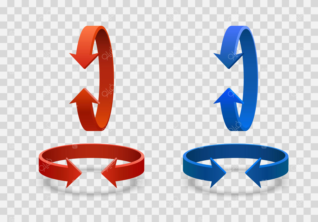 چرخش فلش: هنر سه‌بعدی با رنگ‌های قرمز و آبی روی زمینه شفاف - تصویر وکتور