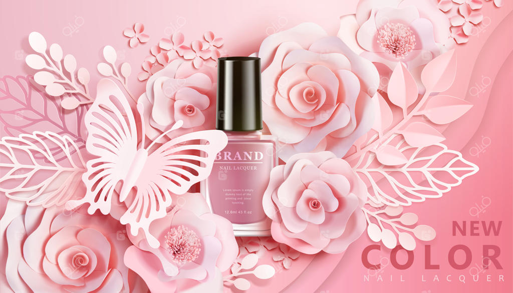 بنر لاک ناخن صورتی روشن با تزئینات گل کاغذی به سبک سه‌بعدی