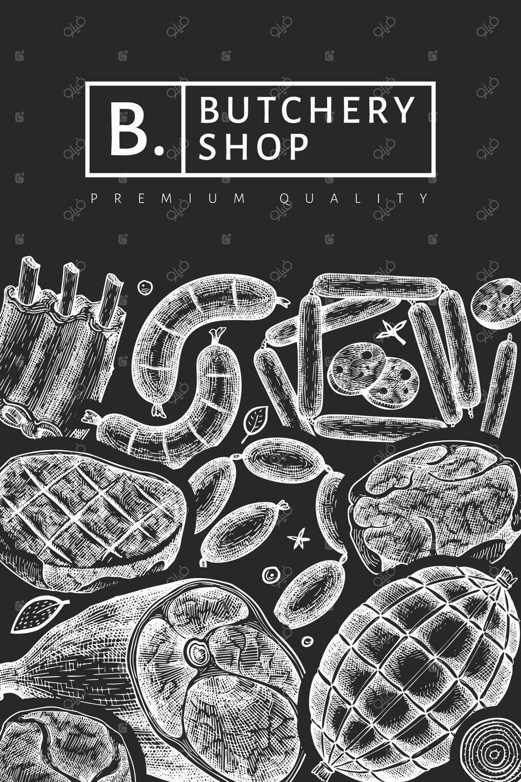 پترن محصولات گوشتی کلاسیک: ژامبون، سوسیس ها، jamon، ادویه ها و گیاهان معطر دست کشیده شده. طراحی قدیمی روی تخته سیاه. قابل استفاده برای منوی رستوران.