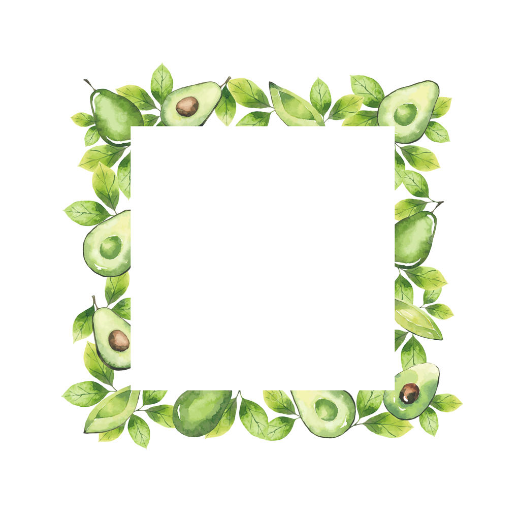 قاب آبرنگی از آووکادو و عناصر سبز بر روی زمینه سفید