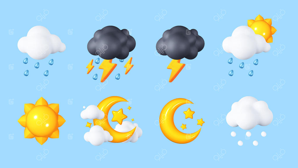 مجموعه آیکون‌های سه‌بعدی آب و هوا شامل ابرهای واقع‌گرایانه با رعد و برق، باران، برف، ماه و خورشید؛ مناسب برای طراحی بنر، وب، کارت پستال و هنرهای دیجیتال.