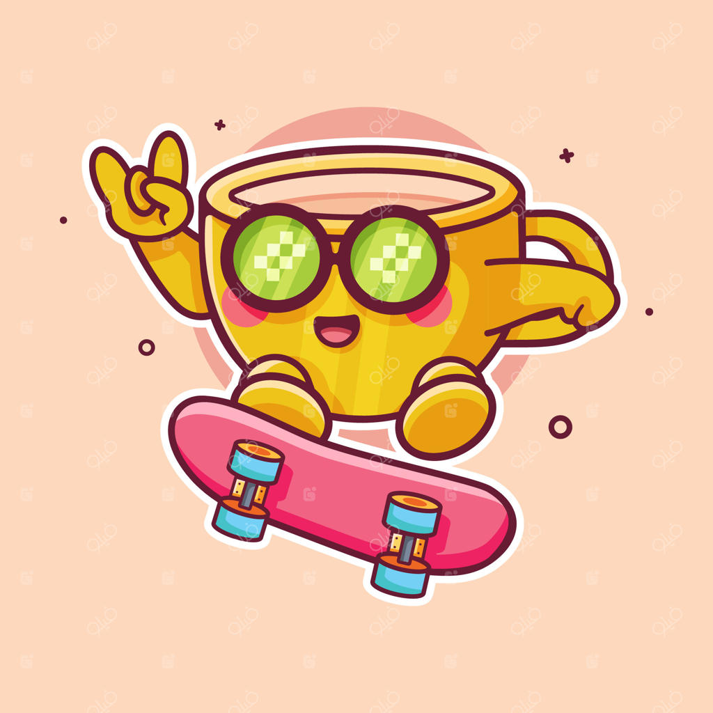 شخصیت کارتونی لیوان قهوه خنک در حال اسکیت‌سواری