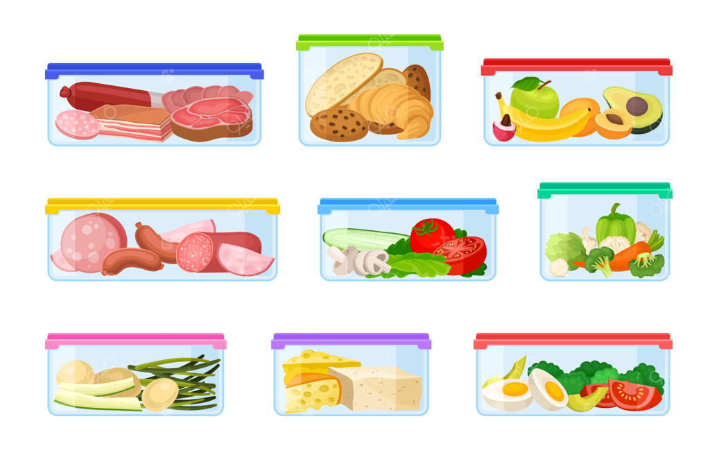 مجموعه‌ای از ظروف پر شده با سبزیجات و گوشت