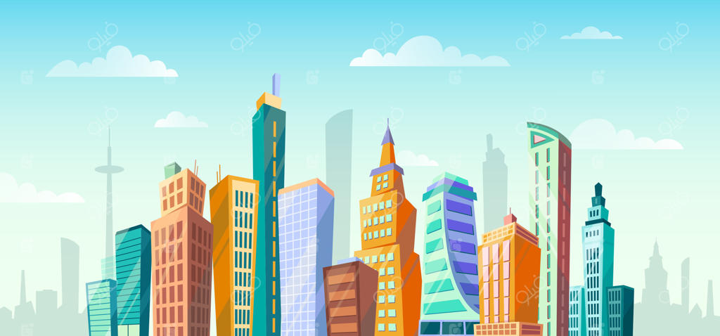 تصویر خط افق شهری کارتونی: روز آفتابی در منطقه برج‌های بلند، نمای پانورامای شهر شهری