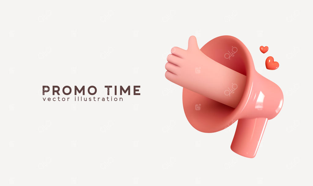 رسانه‌های اجتماعی: نماد دست و قلب قرمز عشق. مفهوم زمان بازاریابی با تصویرسازی واقعی سه‌بعدی بلندگو.