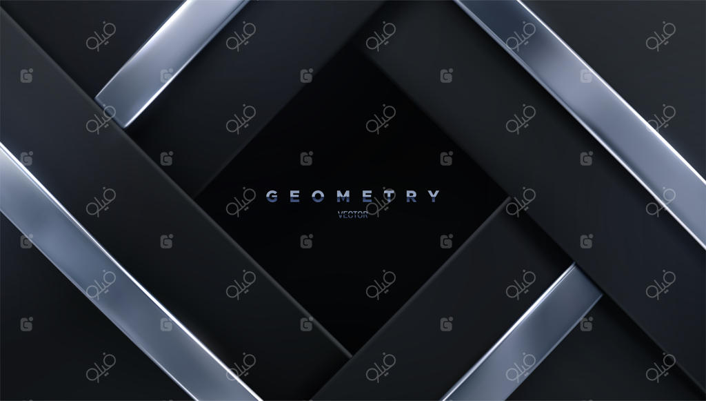 پس‌زمینه‌ی انتزاعی با لایه‌های کاغذی مشکی و روبان‌های نقره‌ای