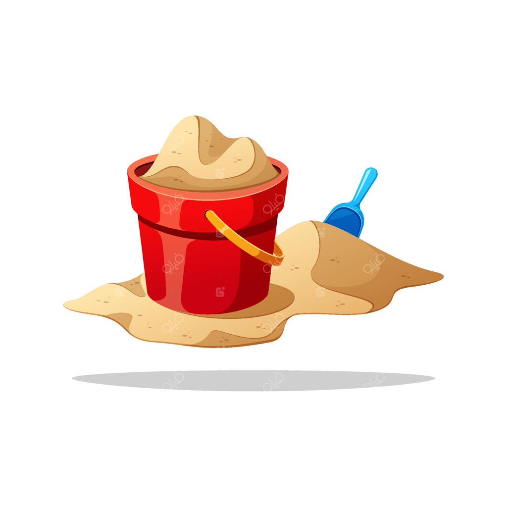 ماسه در سطل قرمز و بیلچه آبی در زمینه سفید