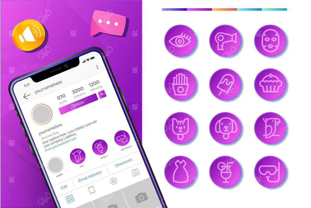 مجموعه هایلایت استوری اینستاگرام با گرادیان رنگی