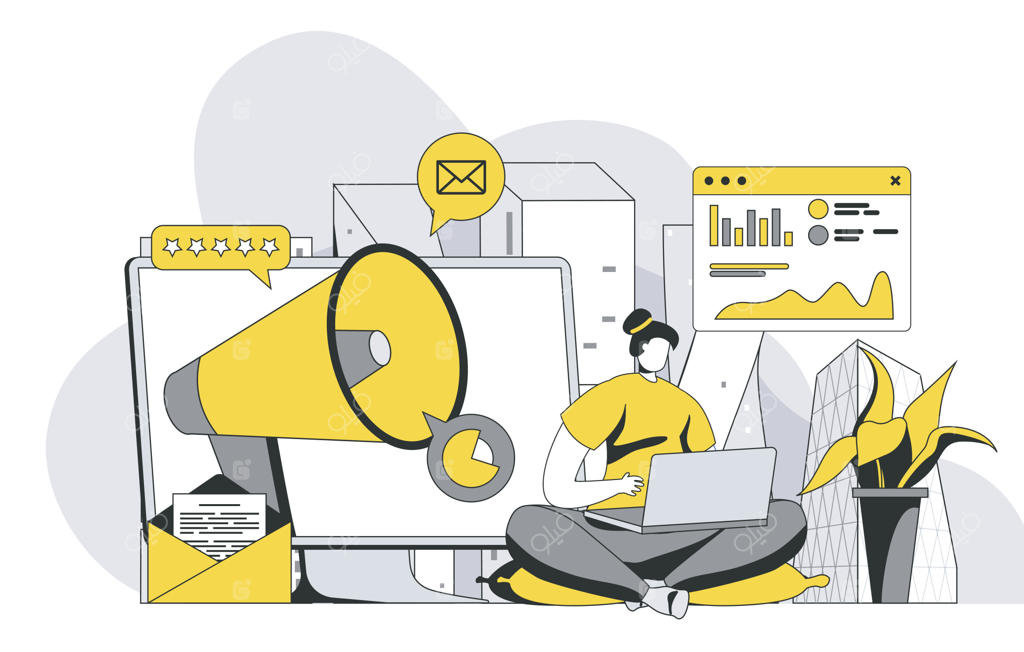 مفهوم بازاریابی برون‌گرا با صحنه‌ای از افراد: اجرای کمپین تبلیغاتی آفلاین توسط بازاریاب