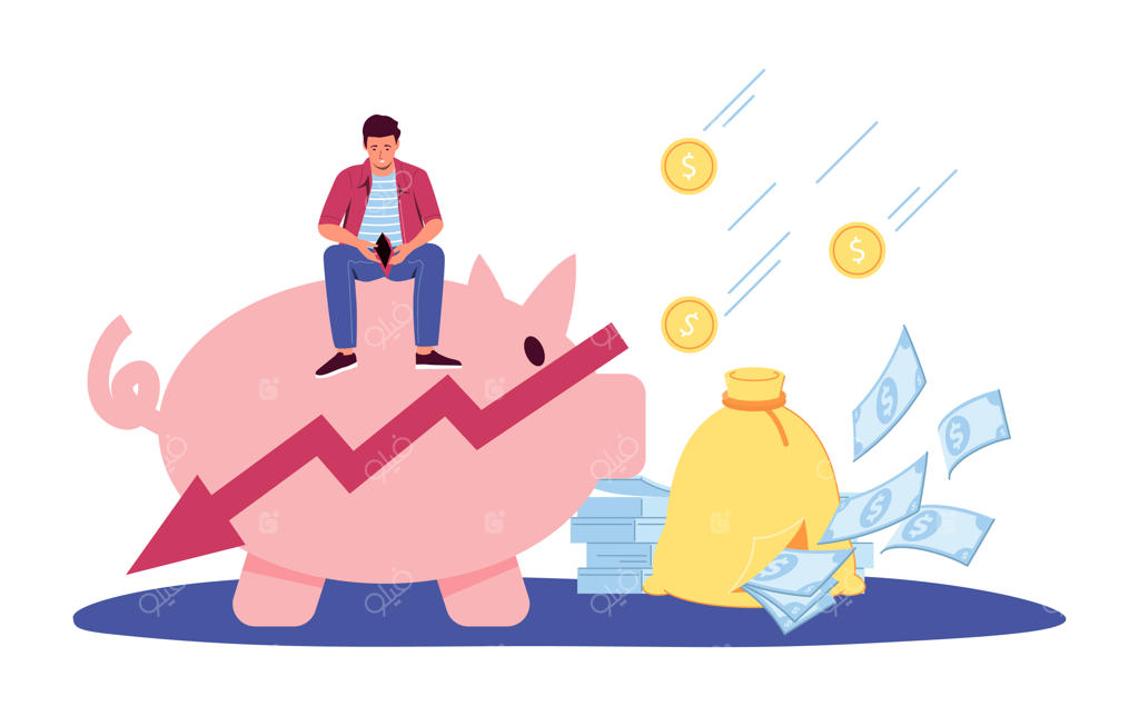 بحران مالی: مرد فقیری که روی قلک نشسته و کیف پول خالی‌اش را باز کرده است