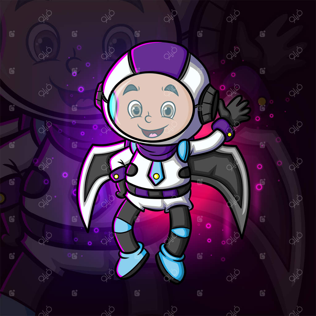 طراحی لوگوی مسکات ورزش الکترونیک: پسر سایبورگ خوشحال در حال دست تکان دادن