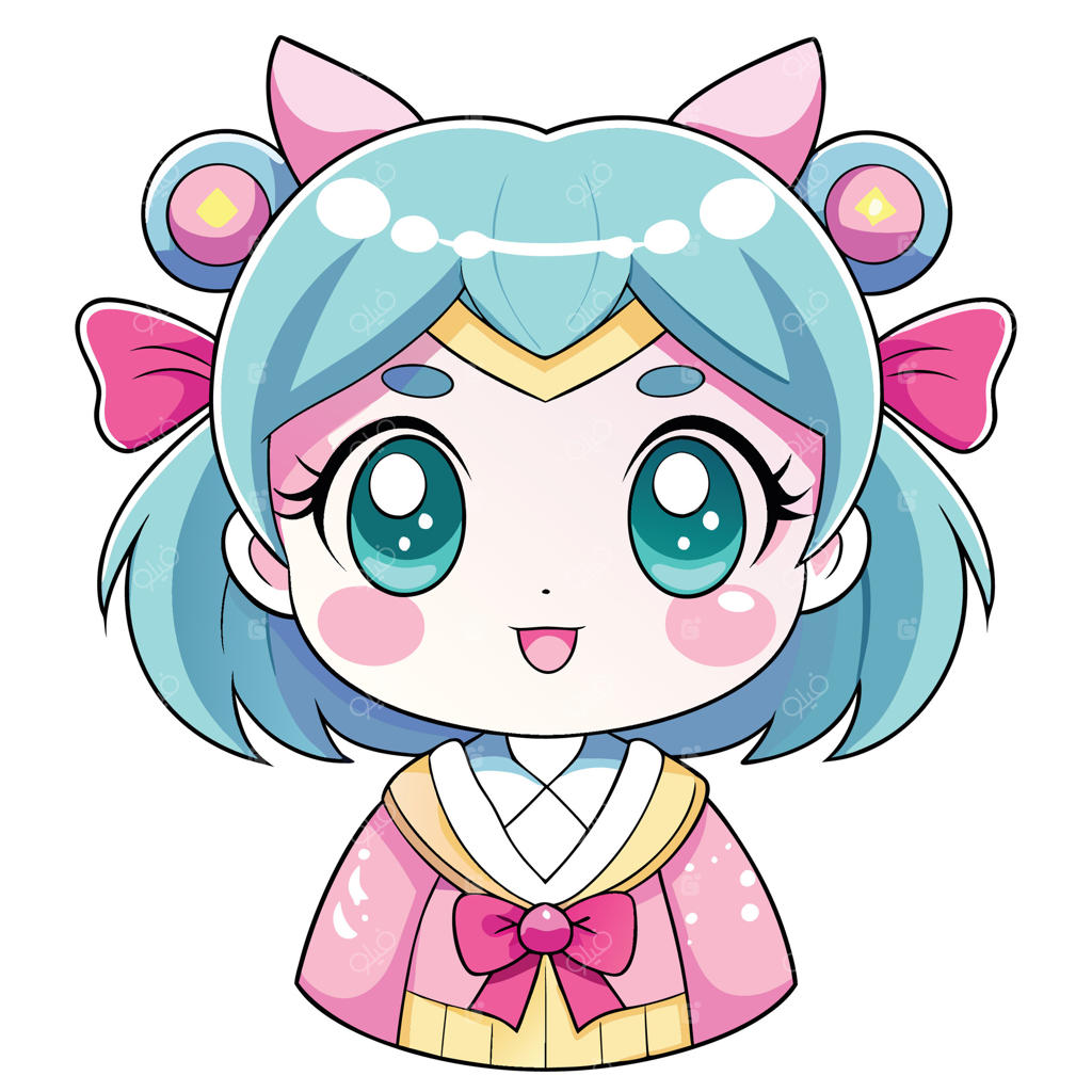 شخصیت کارتونی با چشم‌های آبی و موهای صورتی در پس‌زمینه سفید