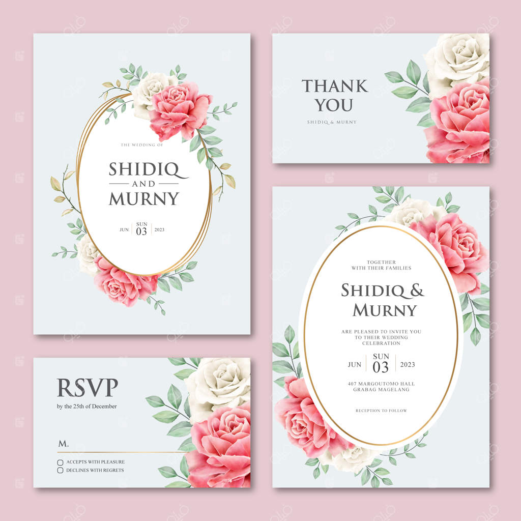 ست کارت عروسی زیبا با تم گل‌ها و برگ‌های رز