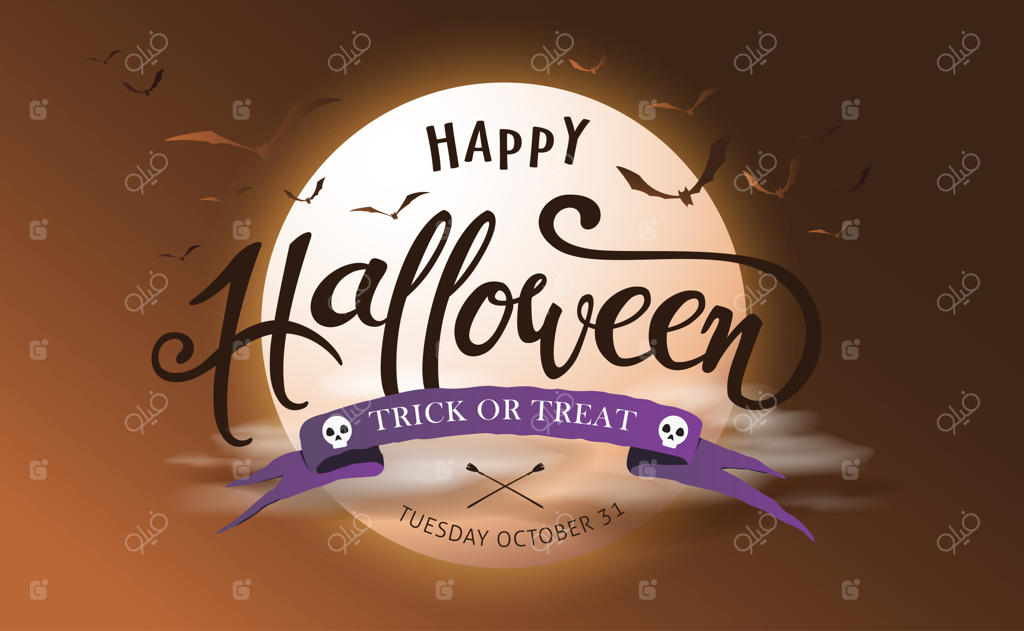 بنر هالووین مبارک با تزئین خفاش‌های در حال پرواز در نور ماه.