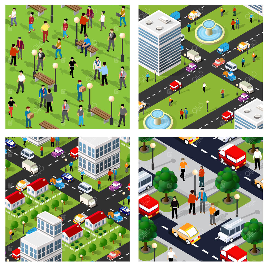 نمای خیابان شهری ایزومتریک با مردم و خودروها