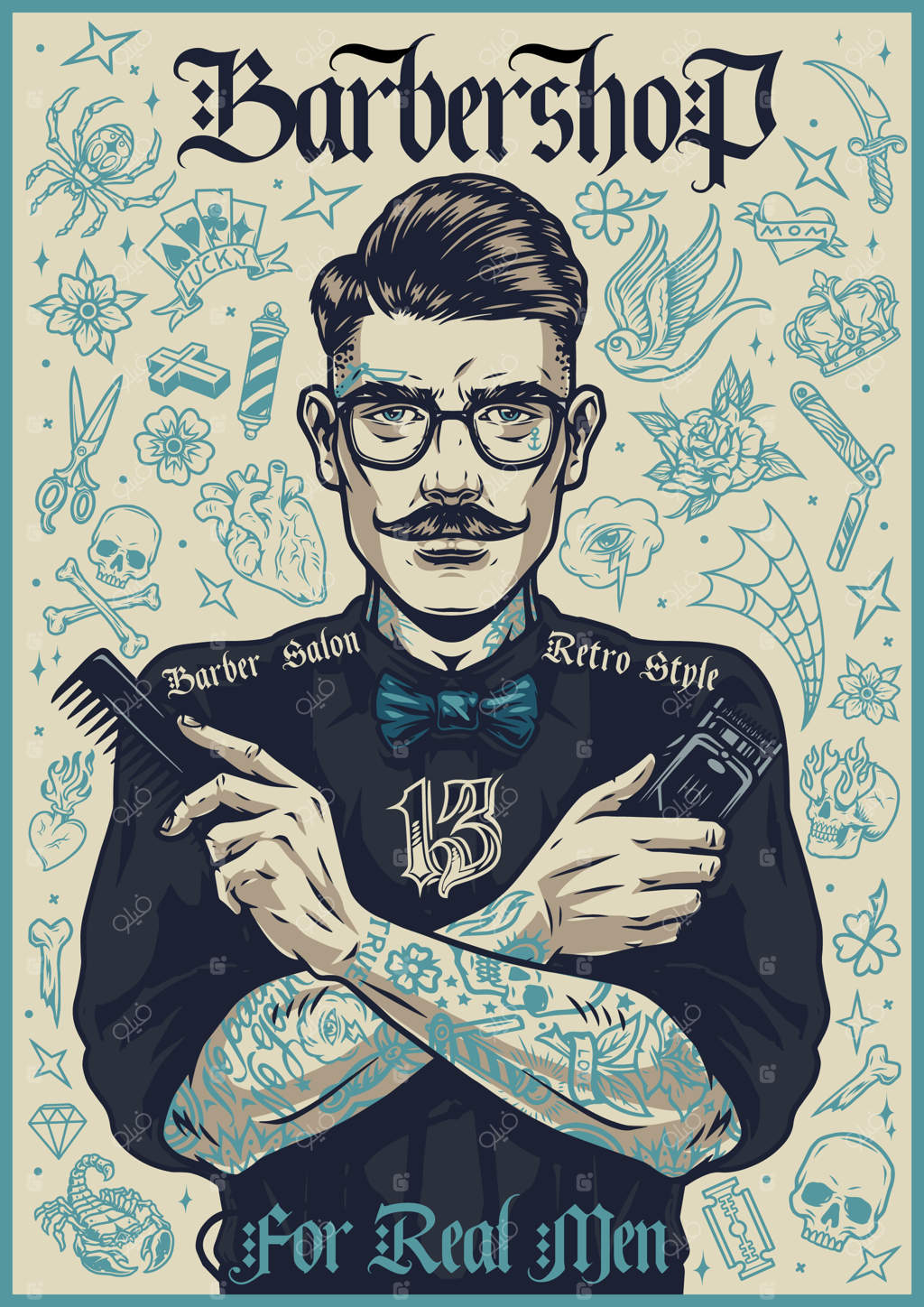 پوستر نوستالژیک سلمانی با آرایشگر شیک سبیل‌دار و عینکی که شانه و ماشین اصلاح در دست دارد و تاتوهای خاص روی بدنش