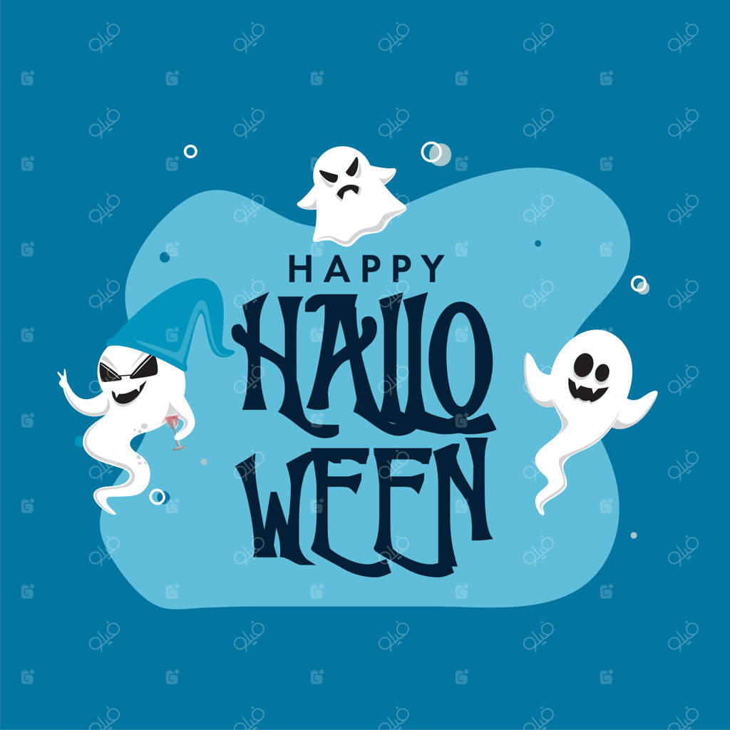 متن هالووین مبارک با گروهی از ارواح کارتونی روی زمینه آبی.