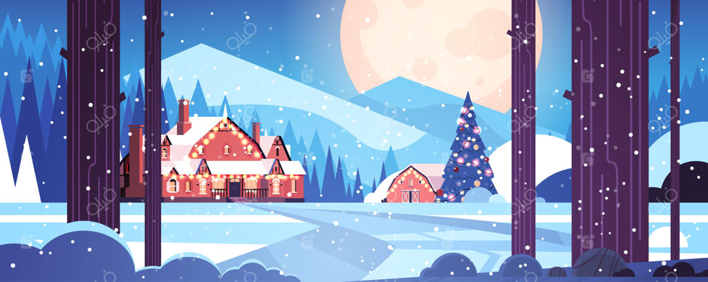 خانه‌های تزیین‌شده در جنگل شب - کارت تبریک کریسمس و سال نو مبارک - منظره زمستانی و برف گرفته