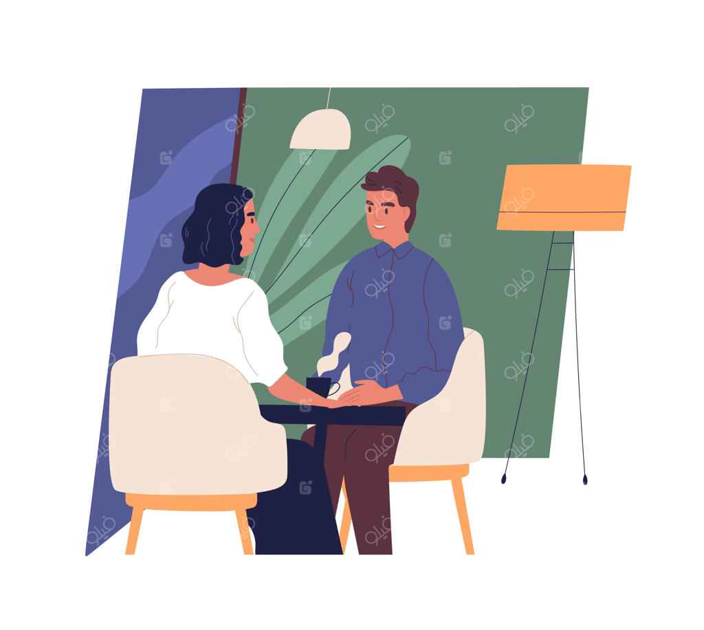 پسر و دختر خوشحال و خندان در کافه نشسته‌اند و مشغول صحبت هستند. یک زوج جوان در قرار عاشقانه یا دوستانه. صحنه‌ای از زندگی روزمره.