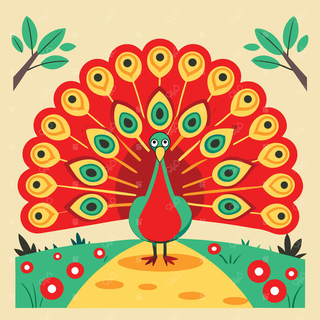 نقاشی زنده طاووس با پرهای رنگارنگ در باغی زیبا