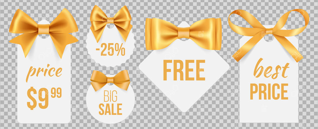 برچسب‌های تخفیف: پاپیون‌های ابریشمی طلایی و نشان‌های تبلیغاتی. برچسب‌های فروش ویژه تعطیلات با روبان‌های ساتن تزئینی، روی پس‌زمینه شفاف