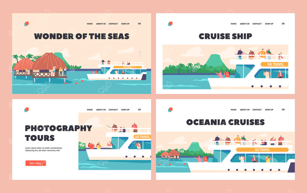 قالب صفحه فرود برای سفرهای دریایی: افراد بر روی عرشه کشتی تفریحی با منظره اقیانوس، طبیعت گرمسیری و مناظر خانه‌ها