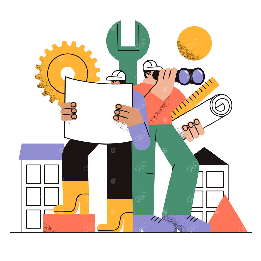 تیم ساختمانی در حال بررسی نقشه‌ها با ابزار و ساختمان‌ها