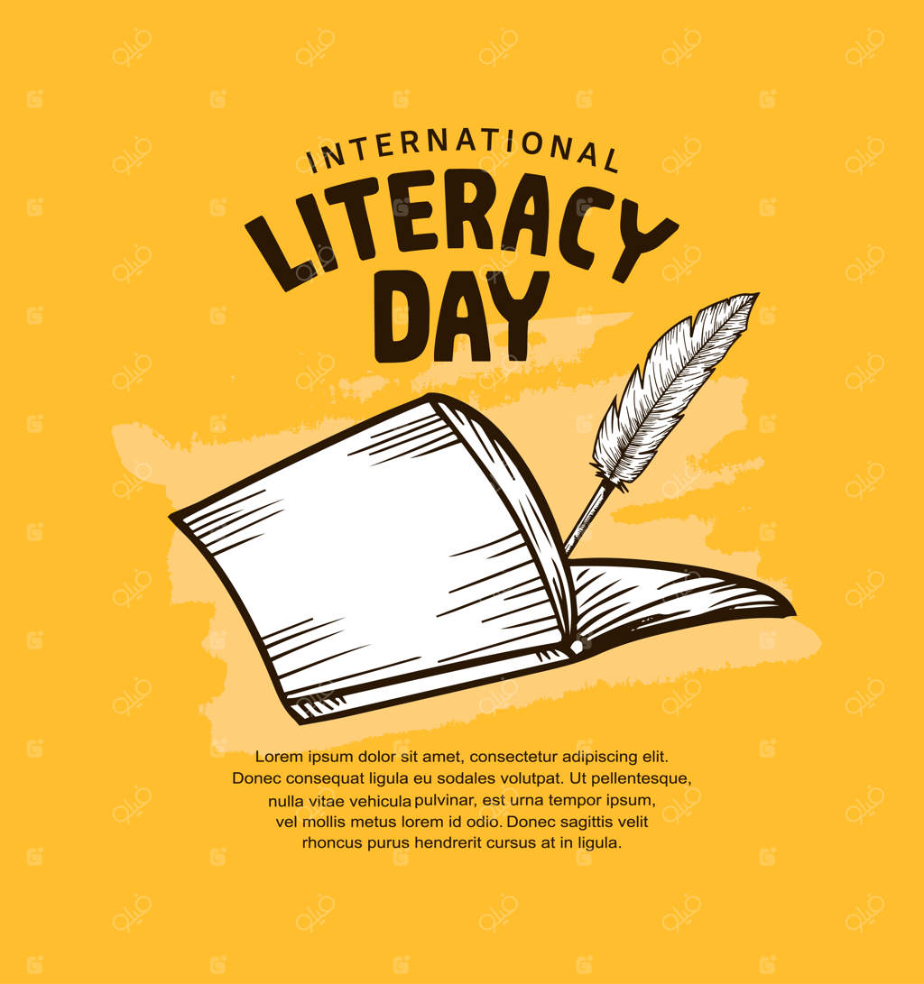 روز جهانی سواد آموزی با کتاب باز و قلم پر در پس‌زمینه زرد