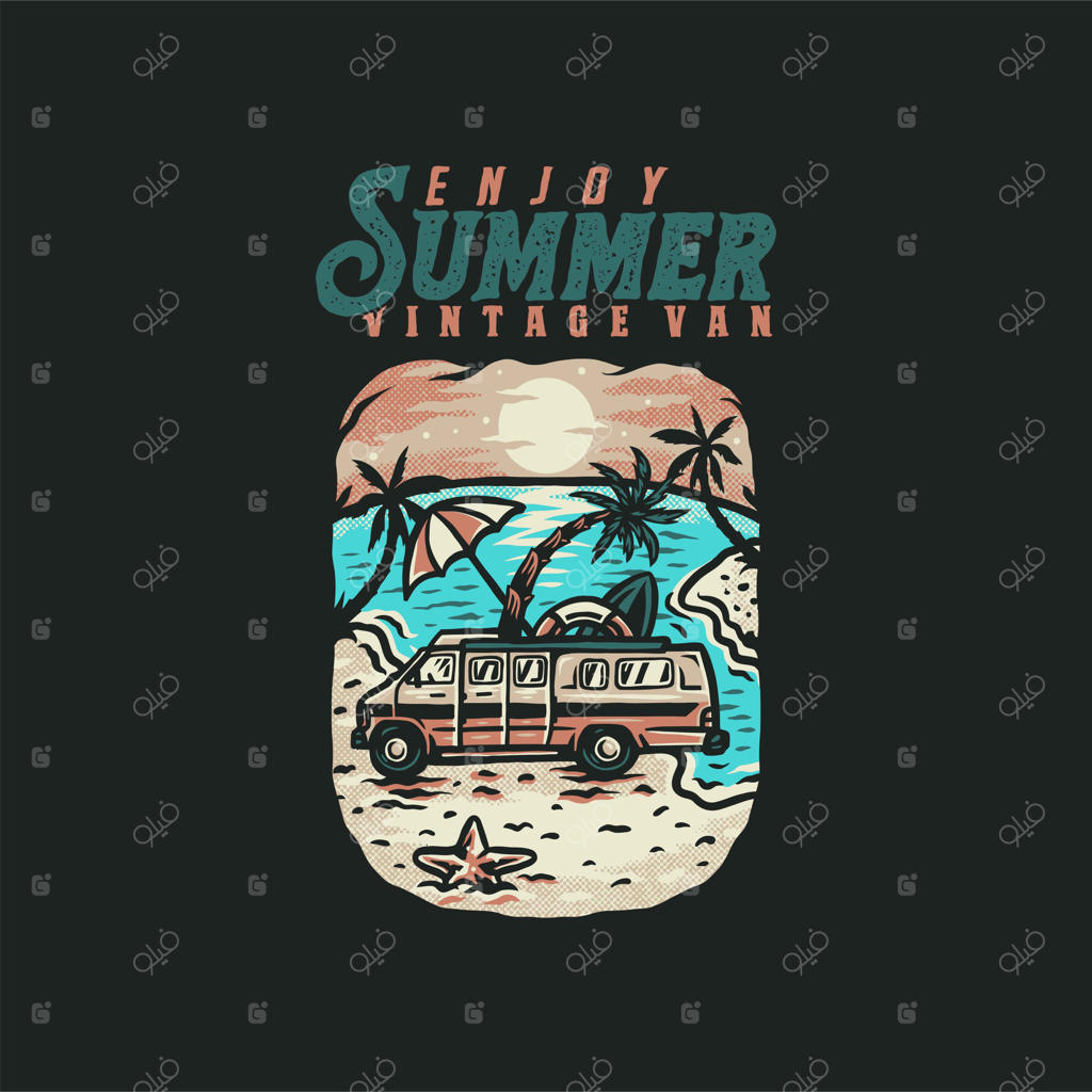 از تی‌شرت کلاسیک تابستانی در سبک دست‌کشیده با رنگ دیجیتالی لذت ببرید، همراه با تصویرسازی جذاب ون قدیمی