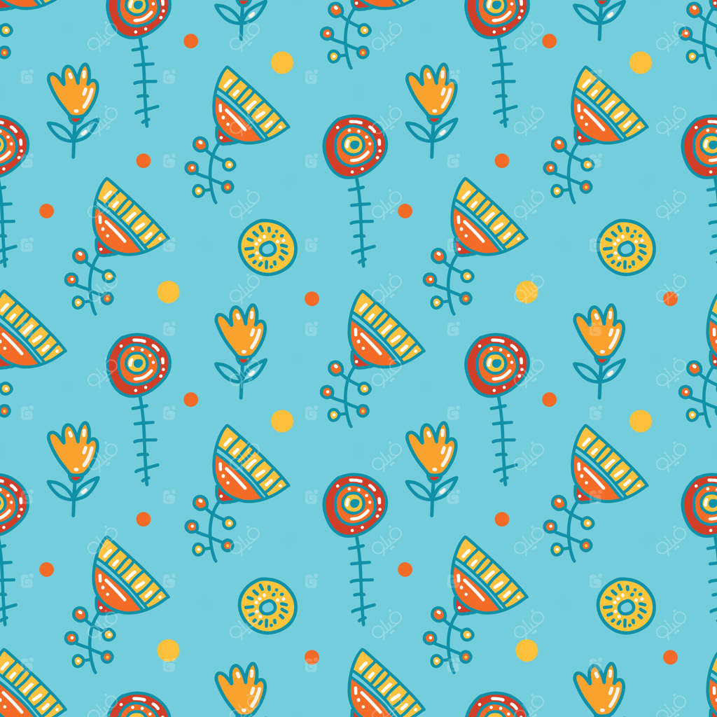 گل‌های دست‌کشیده زیبا، دکور گل‌دار روی زمینه آبی، باغی در حال شکوفه برای پارچه.