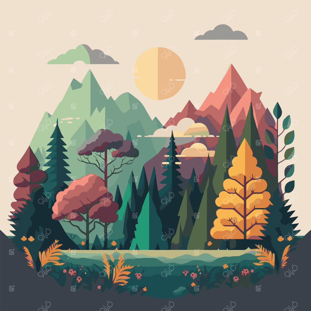 پس‌زمینه منظره طبیعی کوهستان و جنگل به سبک وکتور و رنگ‌های تخت