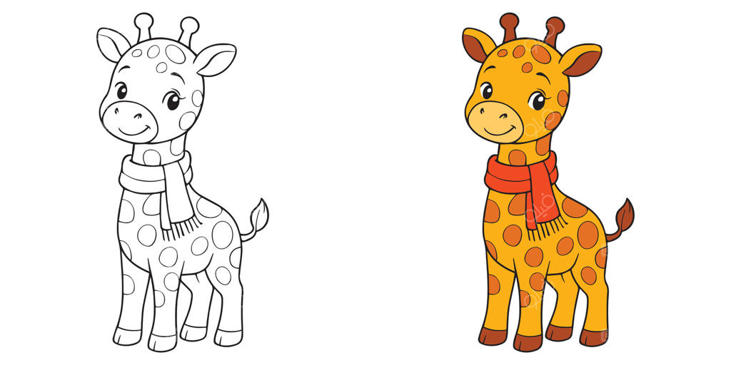 کتاب رنگ‌آمیزی با طرح زرافه بامزه با شالگردن روی زمینه سفید