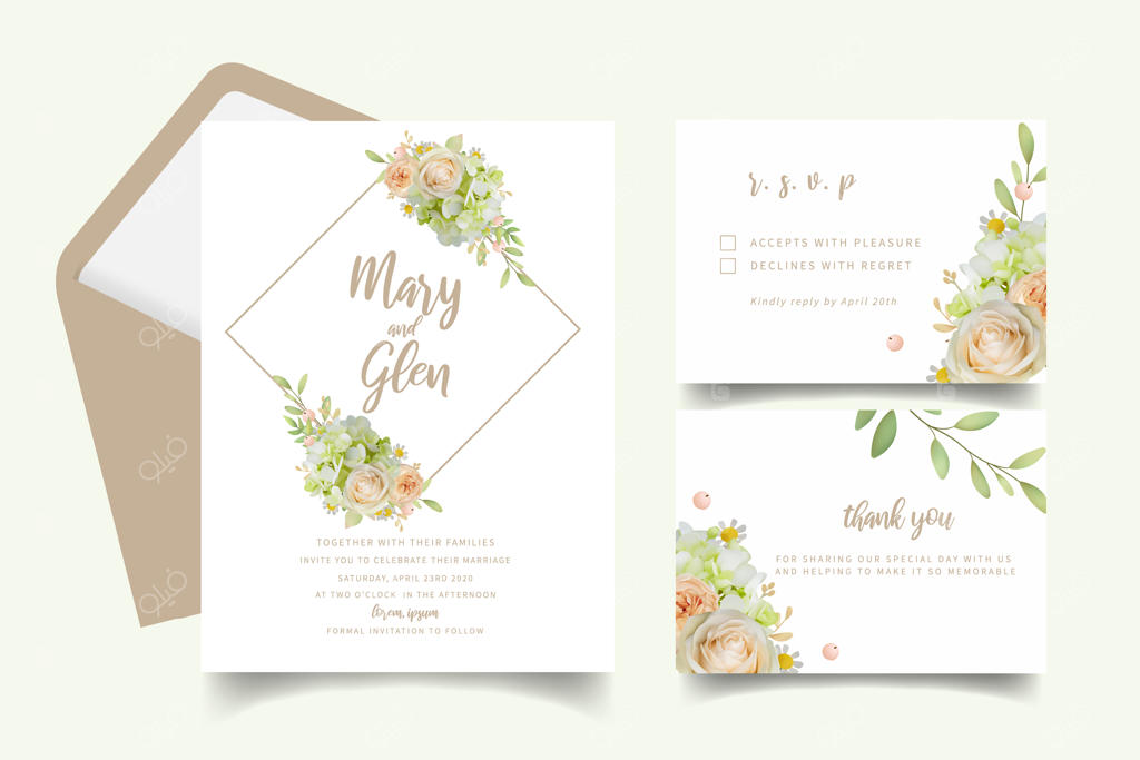 کارت دعوت عروسی با طرح گل‌های رز و هیدرانژیا