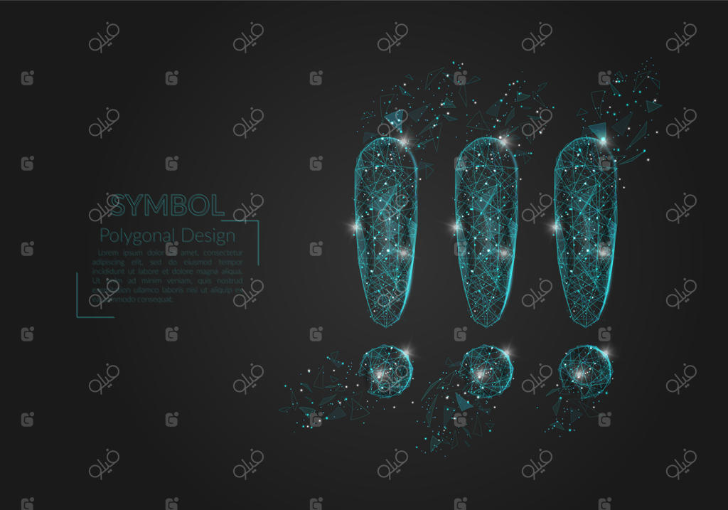 تصویر انتزاعی و مجزای علامت تعجب آبی. طرح چندضلعی مانند ستارگان در آسمان شب تاریک فضایی یا تکه‌های شیشه درخشان. طراحی دیجیتال برای وب‌سایت، وب و اینترنت.