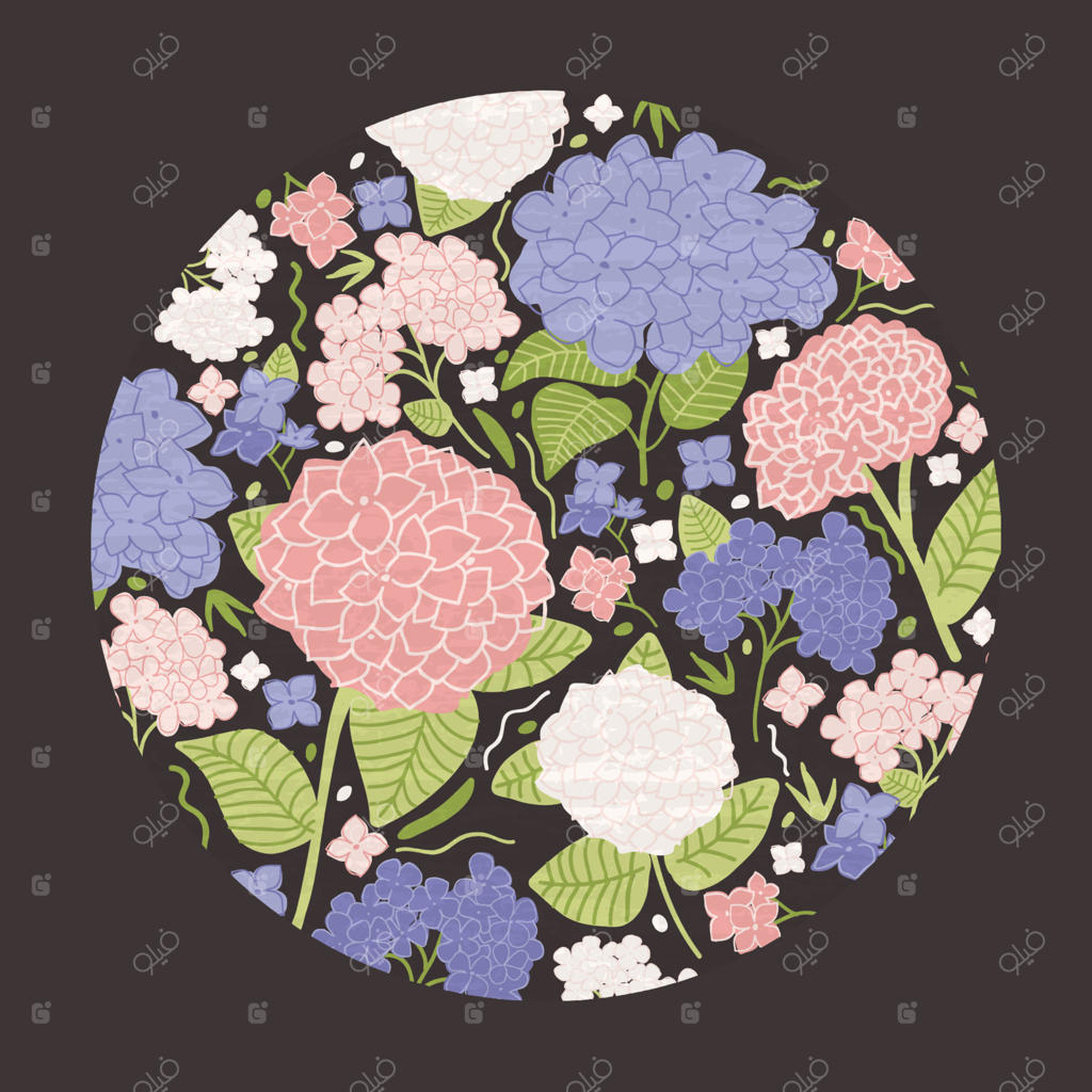 عنصر طراحی تزئینی گرد یا تزیین گل مدرن شامل گل‌های باغ شکوفا با برگ‌ها یا لایه‌های یاسی روی زمینه سیاه. تصویر زیبا به سبک مسطح