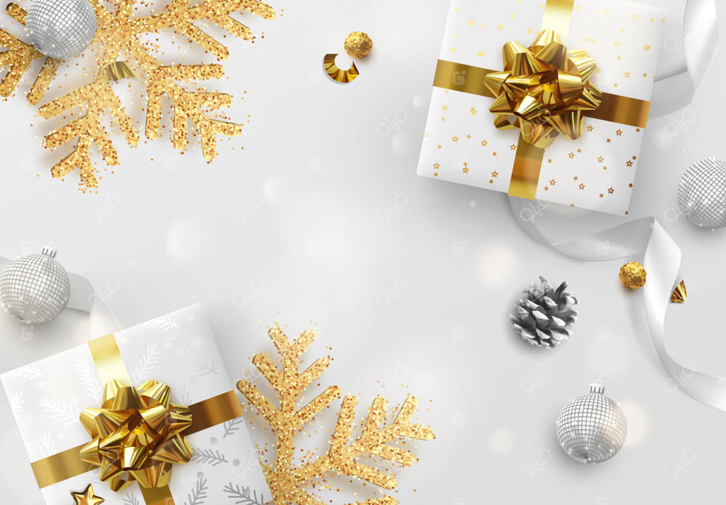 کریسمس مبارک و سال نو پر از شادی! بنر کریسمس، پوستر وب، طراحی هدر وب‌سایت. طراحی تعطیلات با اشیای تزئینی سه‌بعدی واقعی. پس‌زمینه‌ی جشن کریسمس. تصویرسازی وکتور