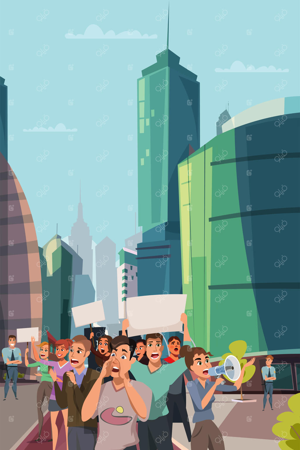 تظاهرات شهری: معترضان با پلاکاردها و زنی فریادزن با بلندگو در مرکز شهر مدرن