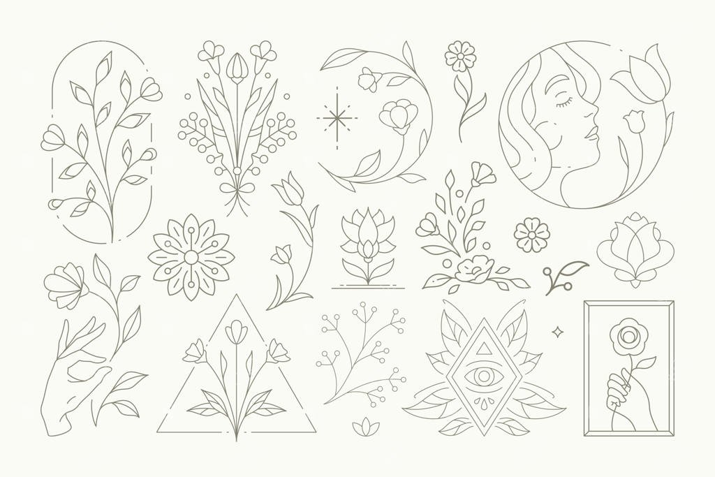 مجموعه نماد گیاهی دست‌کشیده تک‌رنگ: زیبایی و سلامتی زنانه برای سالن اسپا