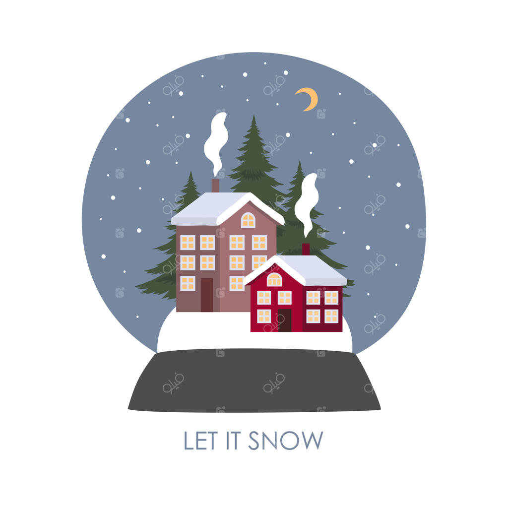 گوی شیشه‌ای با منظره زمستانی: بارش برف بر فراز شهر هنگام غروب.